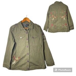 Colleen Lopez Phoenix Embroidered Birds Military Green Woman's Jacket Size M